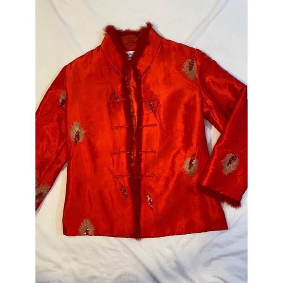 Ming Xing Jackets & Blazers - Vth Red‎ Satin Embroidered Jacket Faux Fur Trim Chinese Button Womens S